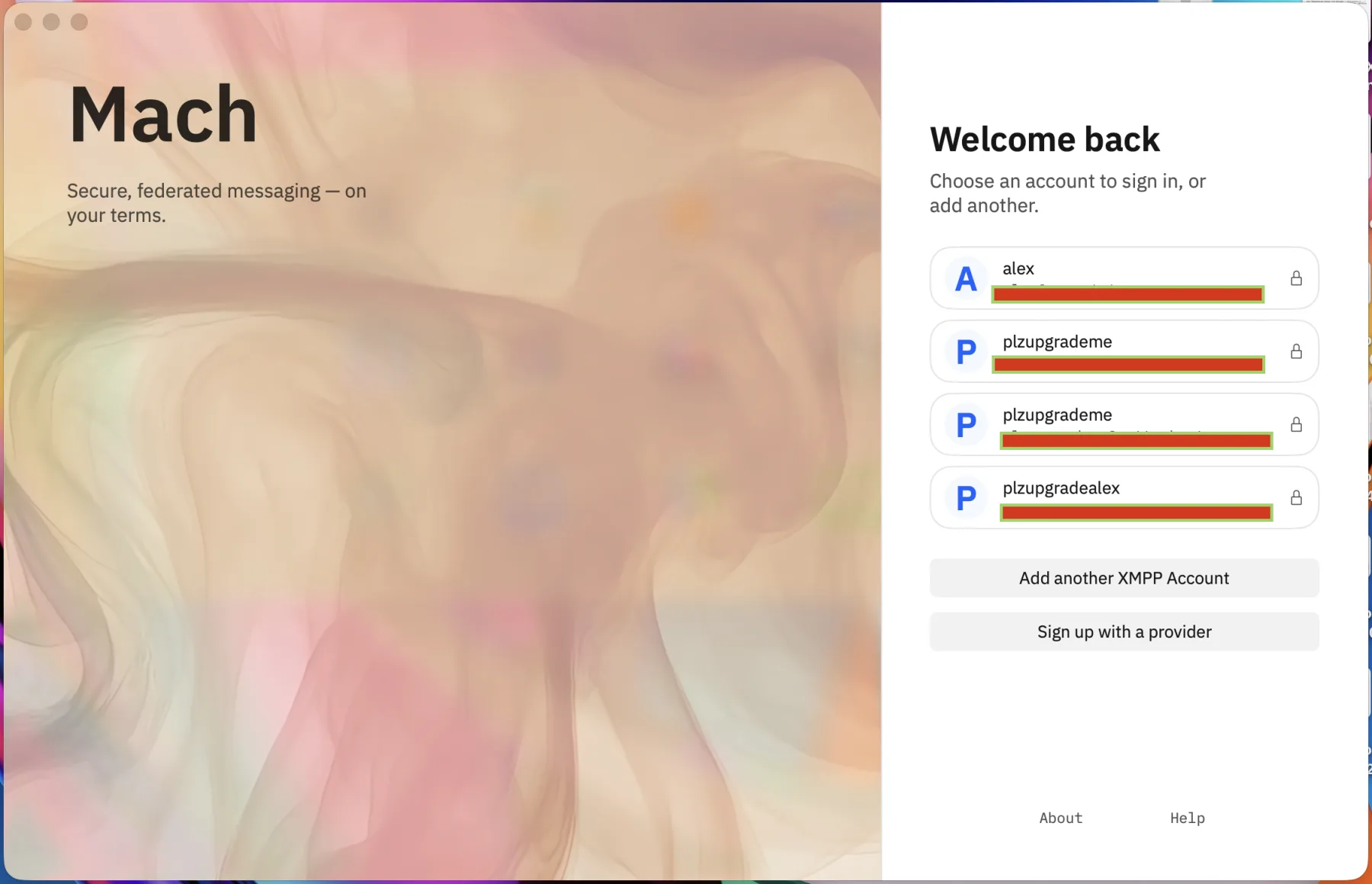 Mach’s welcome screen with a list of saved XMPP accounts to sign in with